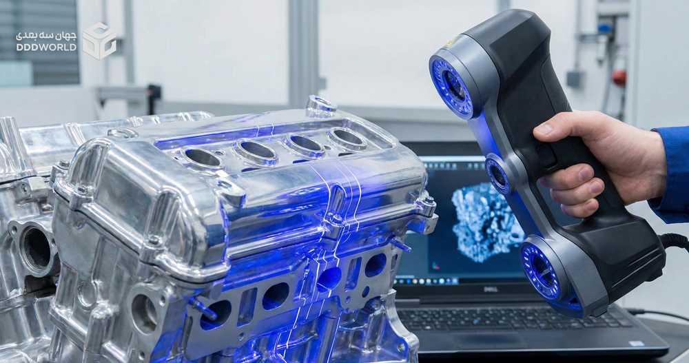 اسکنر سه بعدی صنعتی با تکنولوژی لیزر آبی در حال اسکن یک قطعه موتور آلومینیومی براق و نمایش همزمان ابر نقاط در نرم افزار